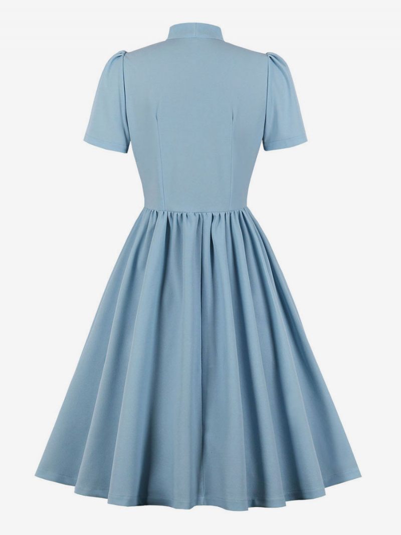 Robe Vintage Style Audrey Hepburn Des Années 1950 Pour Femmes Conçue Avec Encolure Et Nœuds Manches Courtes Trapèze Moyenne - Bleu Bébé