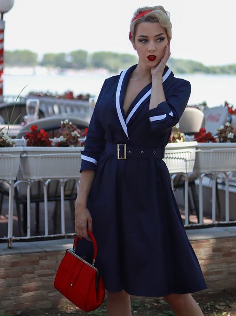 Robes Vintage Pour Femmes Des Années 1950 Audrey Hepburn Style Bleu Marine Foncé Deux Tons Ceinturé À Manches Longues Et Col V Robe Mi-longue