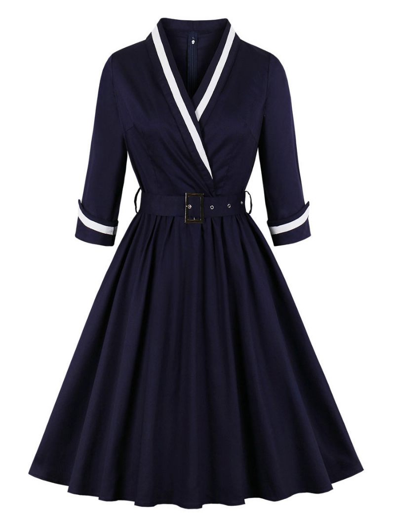 Robes Vintage Pour Femmes Des Années 1950 Audrey Hepburn Style Bleu Marine Foncé Deux Tons Ceinturé À Manches Longues Et Col V Robe Mi-longue - Marine Foncé