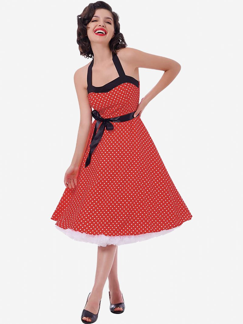 Robes Vintage À Pois Pour Femmes Dos Nu Nœuds Licou Coton Robe Rétro Pin Up