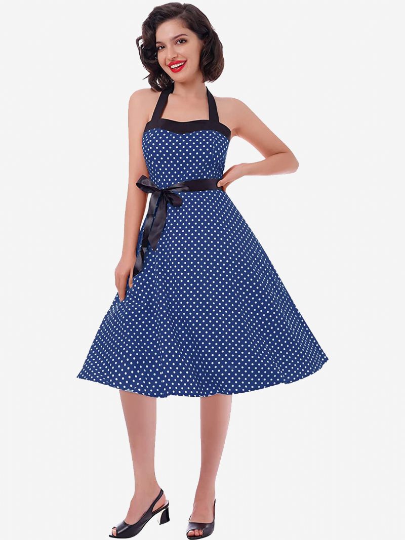 Robes Vintage À Pois Pour Femmes Dos Nu Nœuds Licou Coton Robe Rétro Pin Up - Bleu Marine Foncé