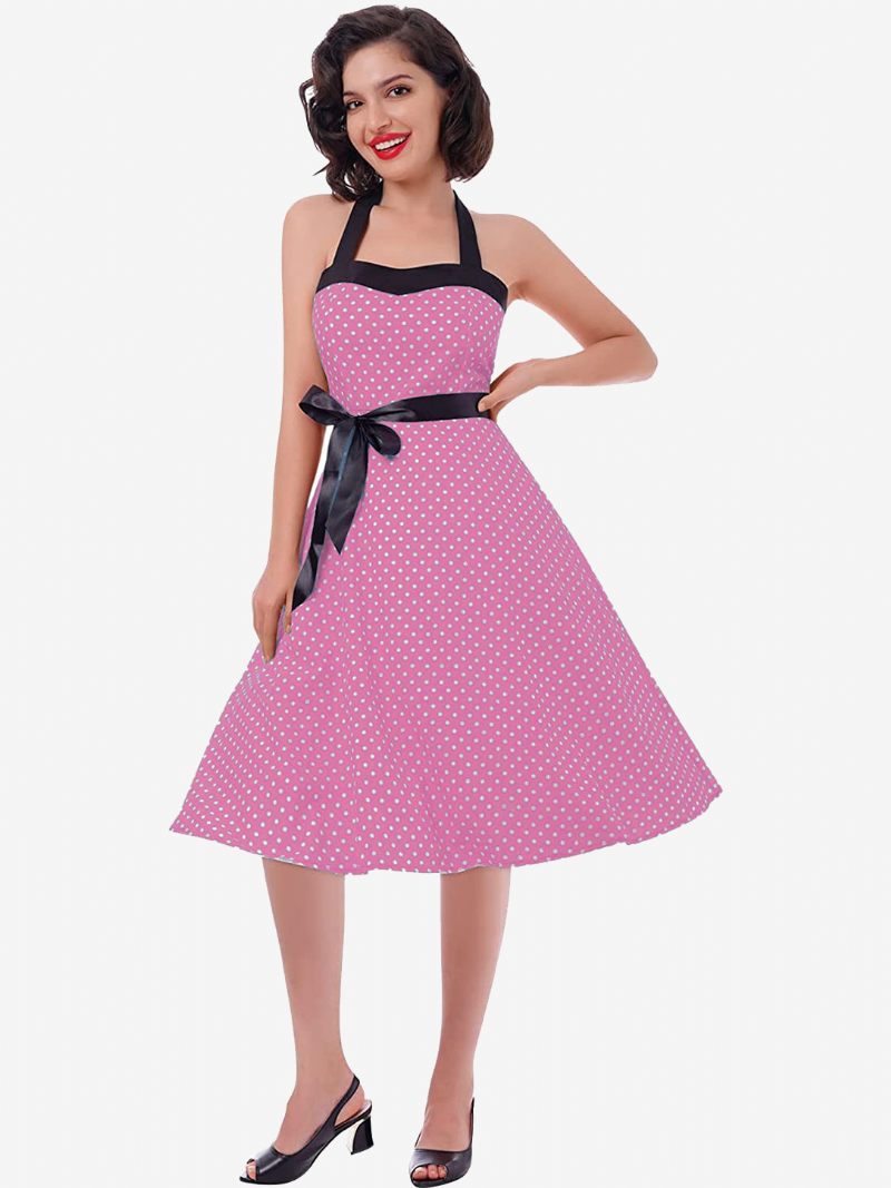 Robes Vintage À Pois Pour Femmes Dos Nu Nœuds Licou Coton Robe Rétro Pin Up - Rose