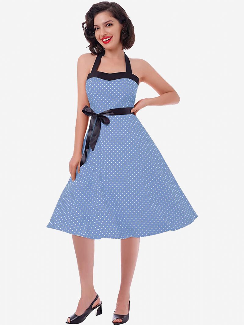 Robes Vintage À Pois Pour Femmes Dos Nu Nœuds Licou Coton Robe Rétro Pin Up - Bleu Ciel Clair