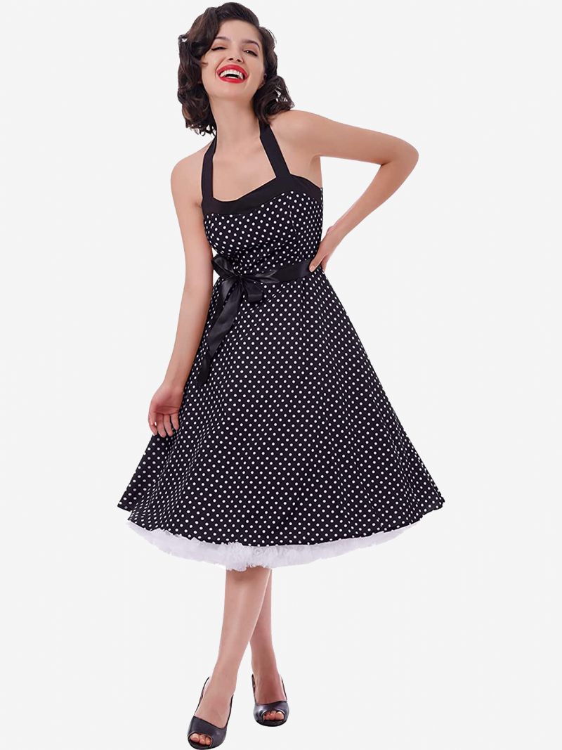 Robes Vintage À Pois Pour Femmes Dos Nu Nœuds Licou Coton Robe Rétro Pin Up - Noir