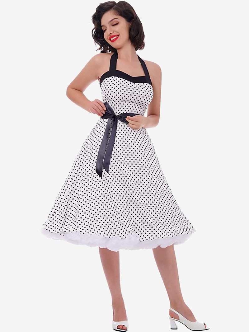 Robes Vintage À Pois Pour Femmes Dos Nu Nœuds Licou Coton Robe Rétro Pin Up - Blanc