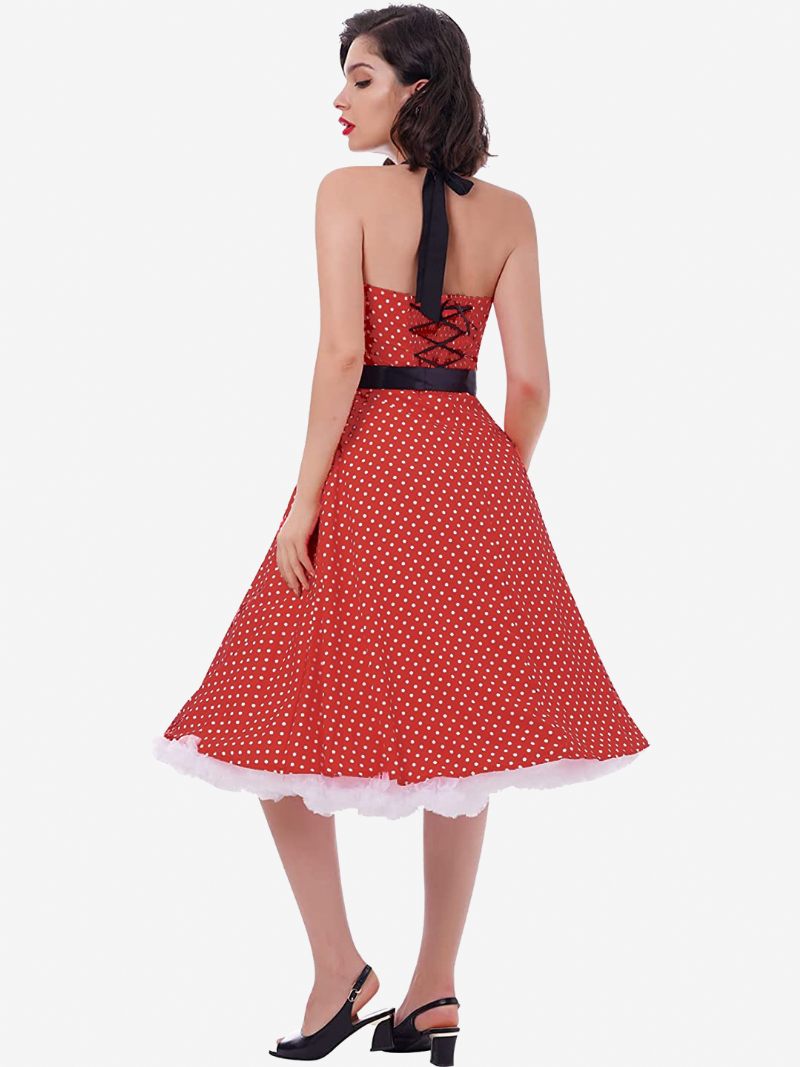 Robes Vintage À Pois Pour Femmes Dos Nu Nœuds Licou Coton Robe Rétro Pin Up - Bourgogne