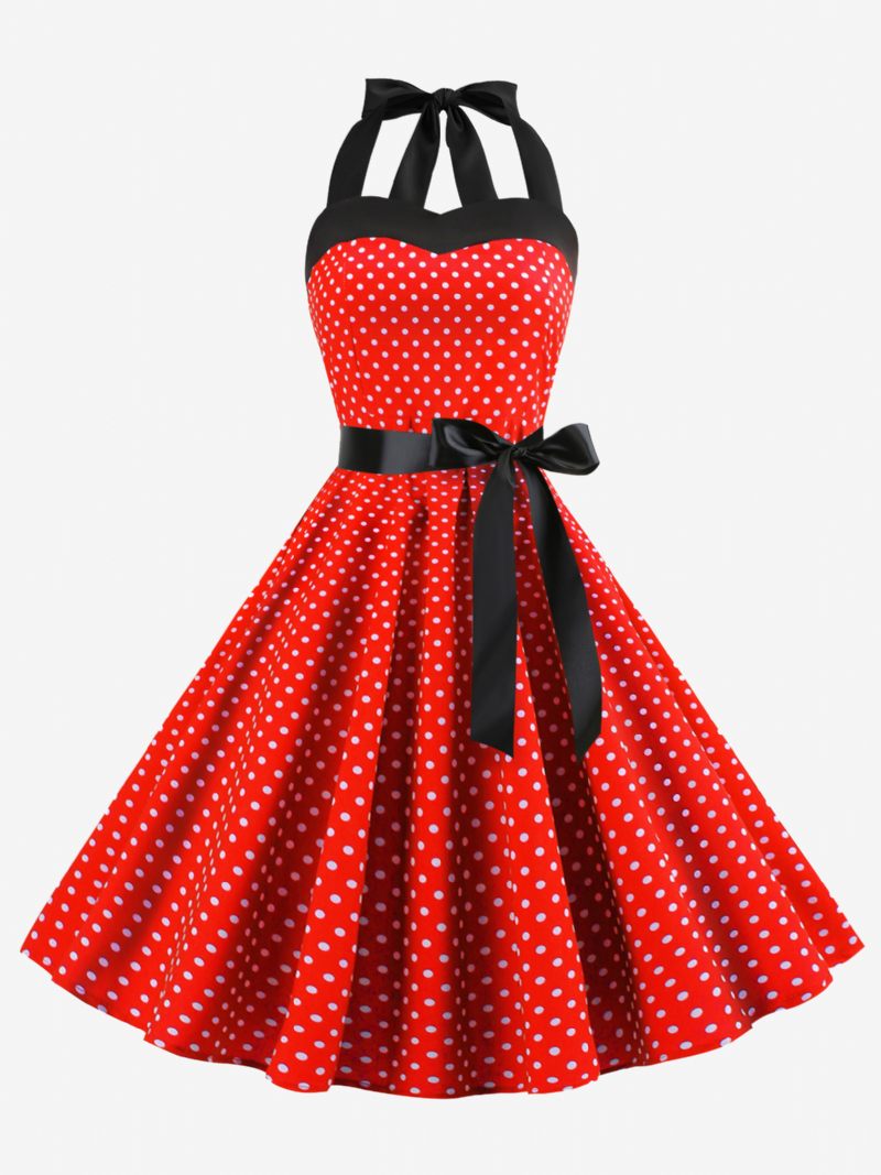 Robes Vintage À Pois Pour Femmes Dos Nu Nœuds Licou Coton Robe Rétro Pin Up - Bourgogne