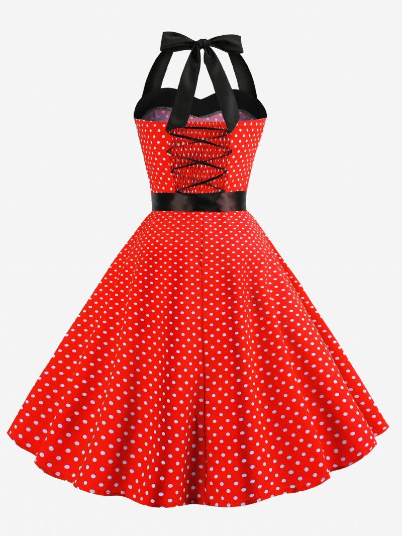 Robes Vintage À Pois Pour Femmes Dos Nu Nœuds Licou Coton Robe Rétro Pin Up - Bourgogne