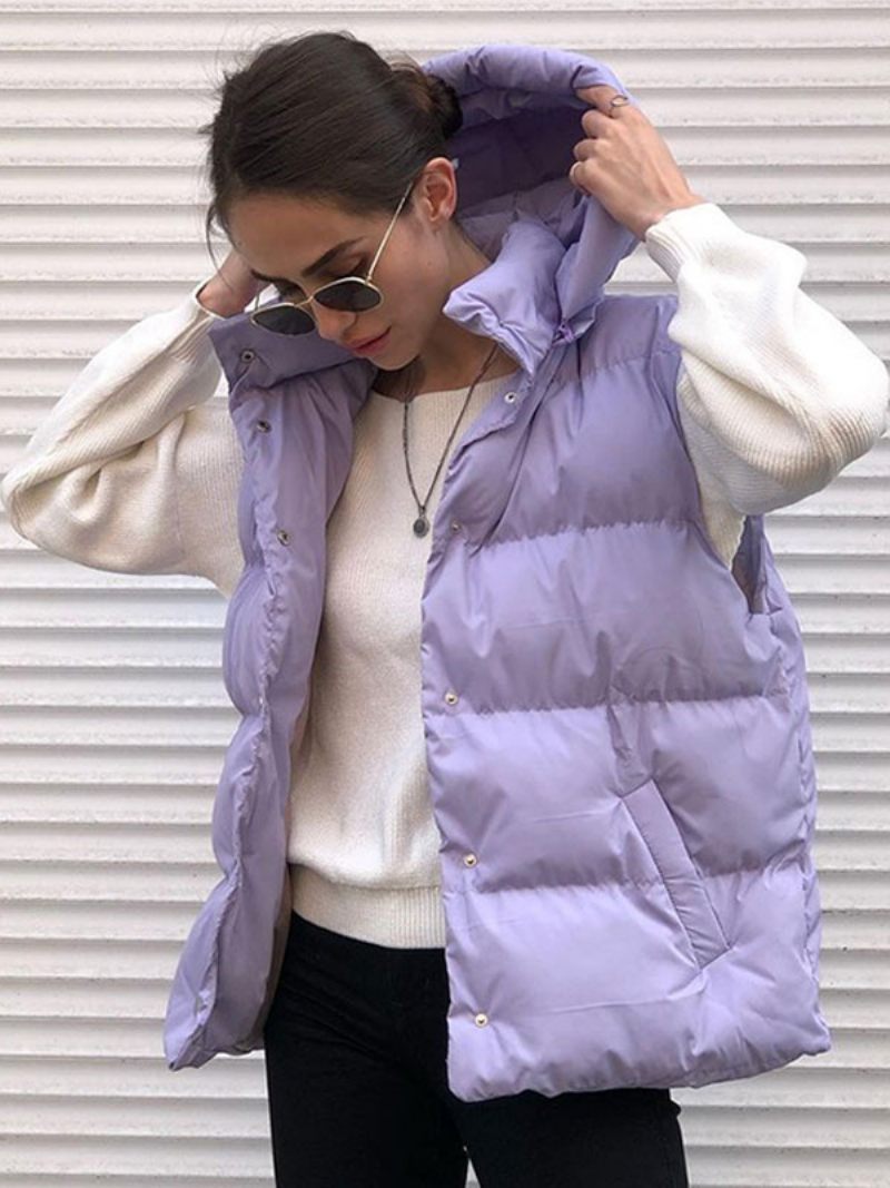 Gilet Bouffant À Capuche Pour Femmes Col Montant Épais Vêtements D'extérieur D'hiver 2024 - Violet