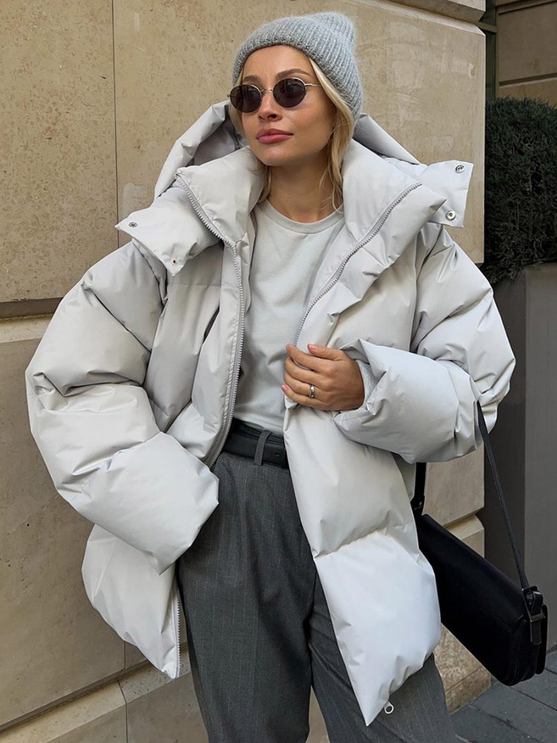 Manteau Bouffant À Capuche Avec Fermeture Éclair Couleur Unie Vêtements D'extérieur Surdimensionnés Pour Femmes