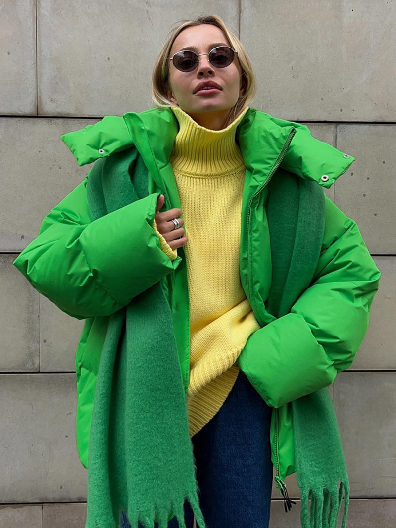 Manteau Bouffant À Capuche Avec Fermeture Éclair Couleur Unie Vêtements D'extérieur Surdimensionnés Pour Femmes - Vert