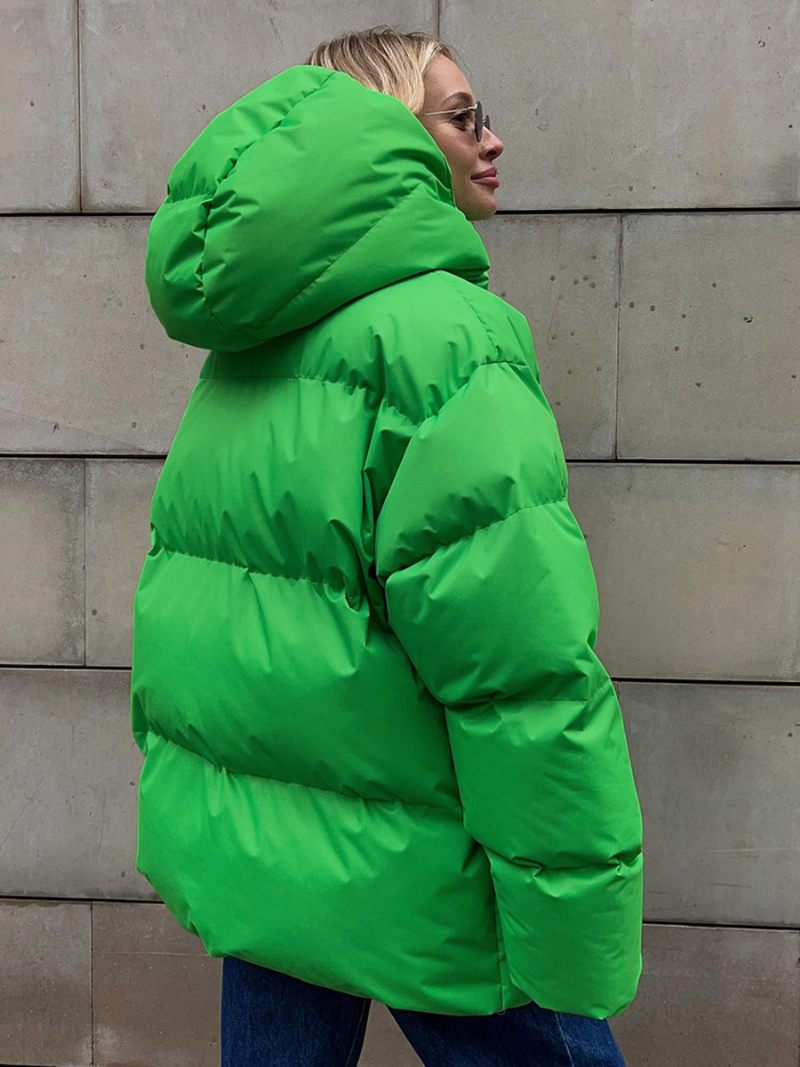 Manteau Bouffant À Capuche Avec Fermeture Éclair Couleur Unie Vêtements D'extérieur Surdimensionnés Pour Femmes - Vert