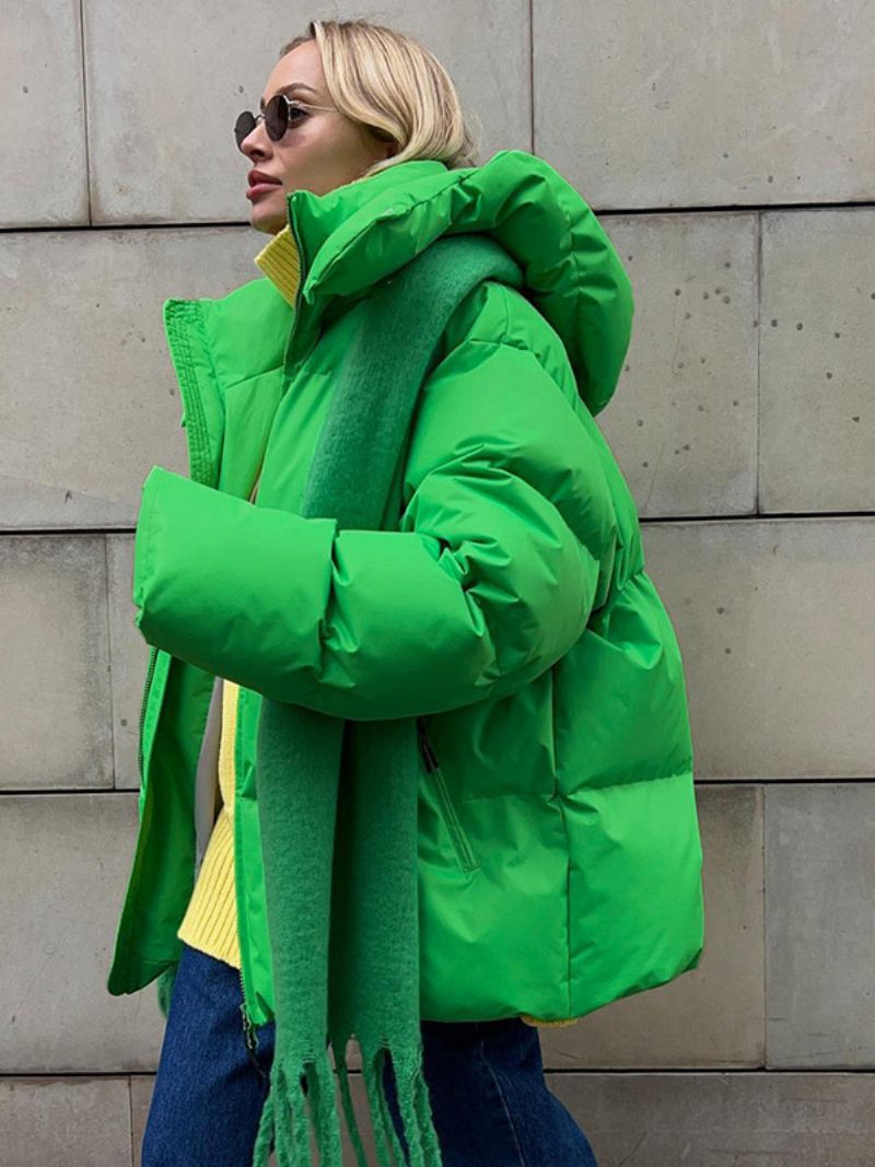 Manteau Bouffant À Capuche Avec Fermeture Éclair Couleur Unie Vêtements D'extérieur Surdimensionnés Pour Femmes - Vert