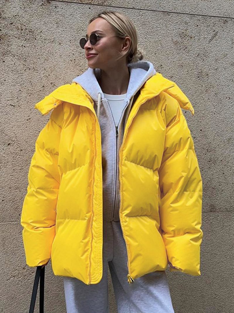 Manteau Bouffant À Capuche Avec Fermeture Éclair Couleur Unie Vêtements D'extérieur Surdimensionnés Pour Femmes - Jaune