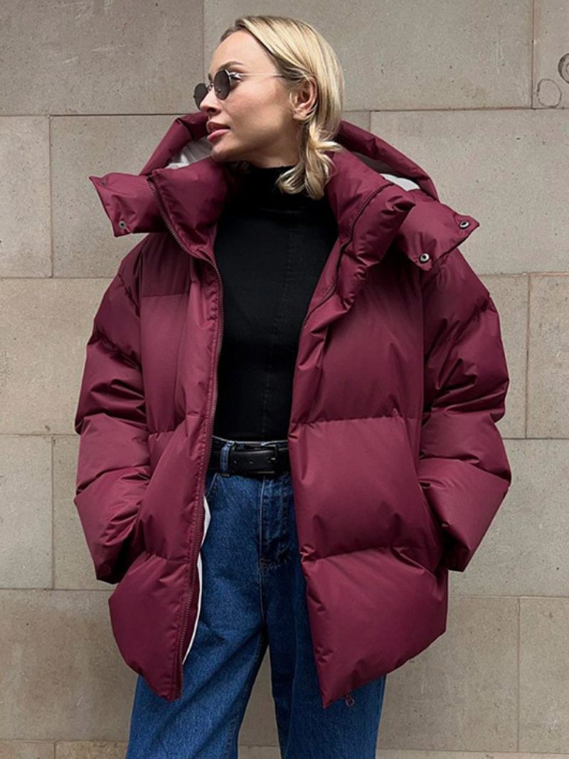 Manteau Bouffant À Capuche Avec Fermeture Éclair Couleur Unie Vêtements D'extérieur Surdimensionnés Pour Femmes - Bourgogne