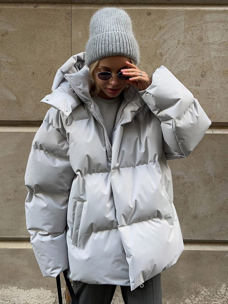 Manteau Bouffant À Capuche Avec Fermeture Éclair Couleur Unie Vêtements D'extérieur Surdimensionnés Pour Femmes - Gris Clair