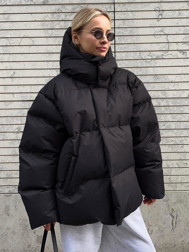 Manteau Bouffant À Capuche Avec Fermeture Éclair Couleur Unie Vêtements D'extérieur Surdimensionnés Pour Femmes - Noir