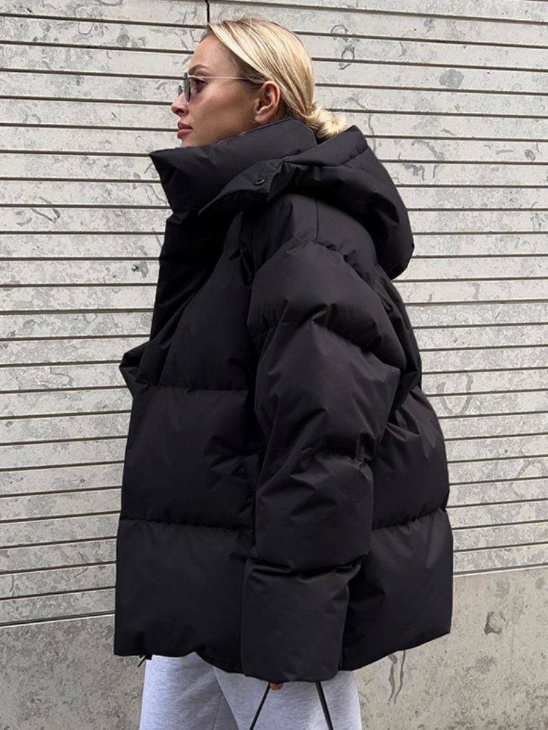 Manteau Bouffant À Capuche Avec Fermeture Éclair Couleur Unie Vêtements D'extérieur Surdimensionnés Pour Femmes - Noir