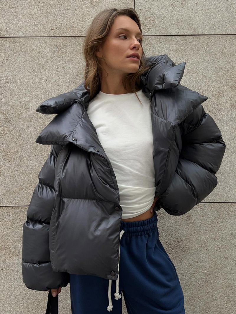 Manteau Bouffant À Capuche Pour Femmes Bouton Avant Couleur Unie Surdimensionné Vêtements D'extérieur D'hiver