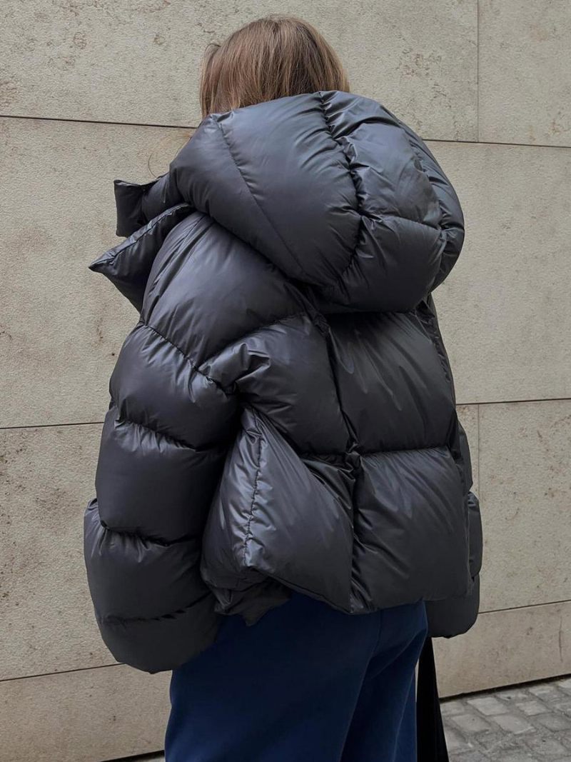 Manteau Bouffant À Capuche Pour Femmes Bouton Avant Couleur Unie Surdimensionné Vêtements D'extérieur D'hiver - Gris Foncé