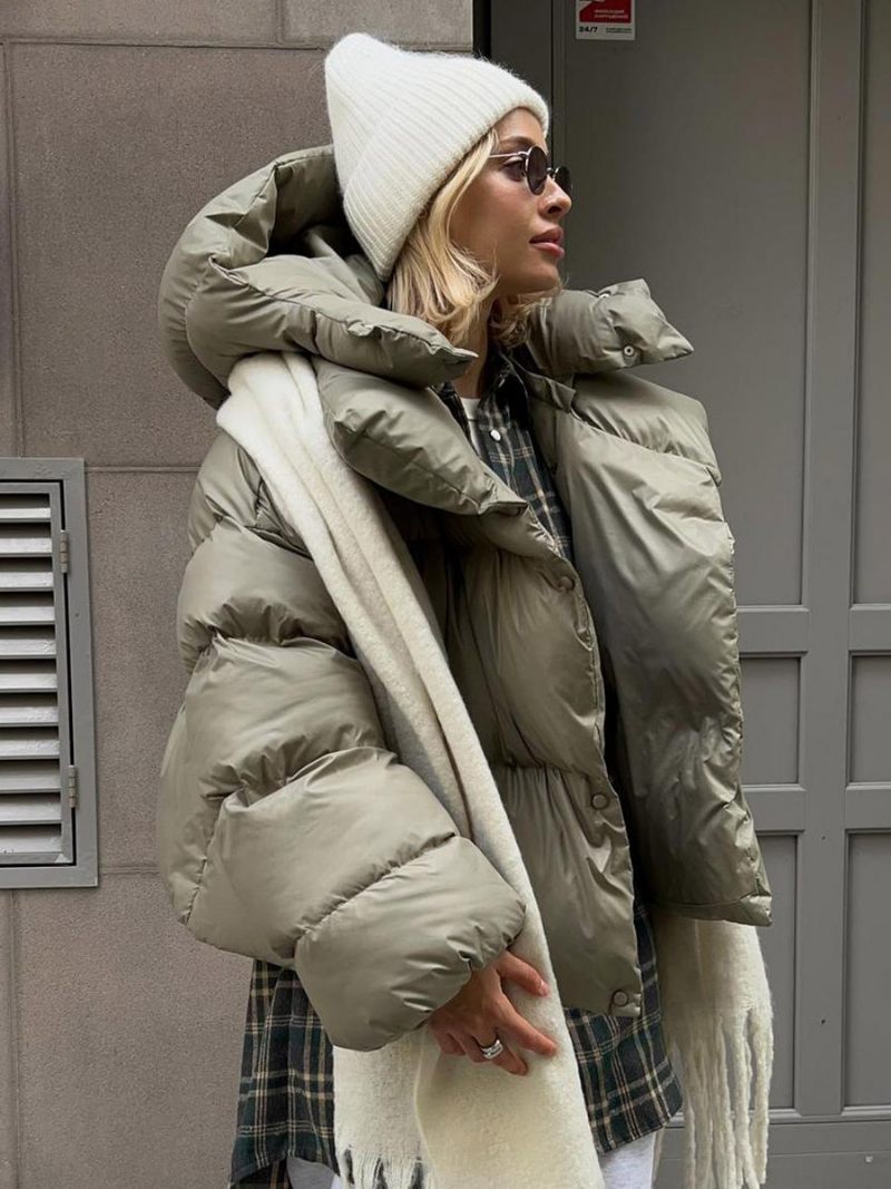 Manteau Bouffant À Capuche Pour Femmes Bouton Avant Couleur Unie Surdimensionné Vêtements D'extérieur D'hiver - Vert Chasseur