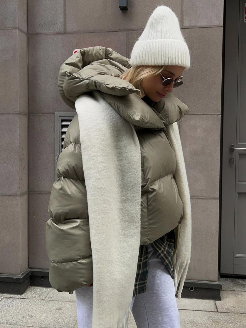 Manteau Bouffant À Capuche Pour Femmes Bouton Avant Couleur Unie Surdimensionné Vêtements D'extérieur D'hiver - Vert Chasseur