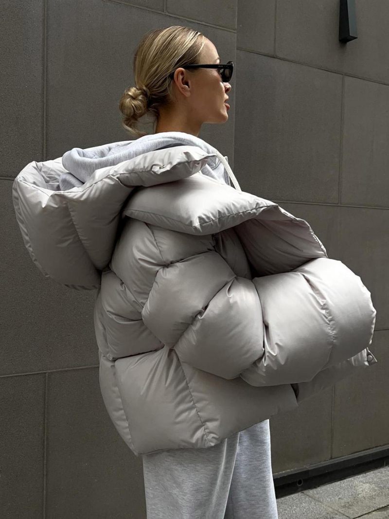 Manteau Bouffant À Capuche Pour Femmes Bouton Avant Couleur Unie Surdimensionné Vêtements D'extérieur D'hiver - Gris Clair