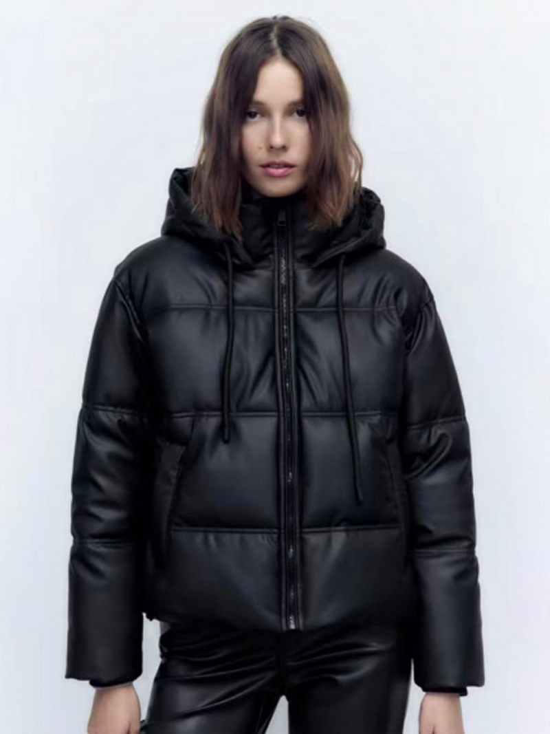 Manteau Bouffant Col Montant Capuche Zippé Poches Inclinées Vêtements D'extérieur Pour Femmes