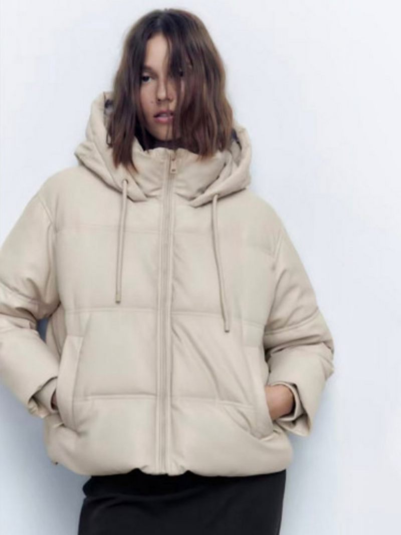 Manteau Bouffant Col Montant Capuche Zippé Poches Inclinées Vêtements D'extérieur Pour Femmes - Beige