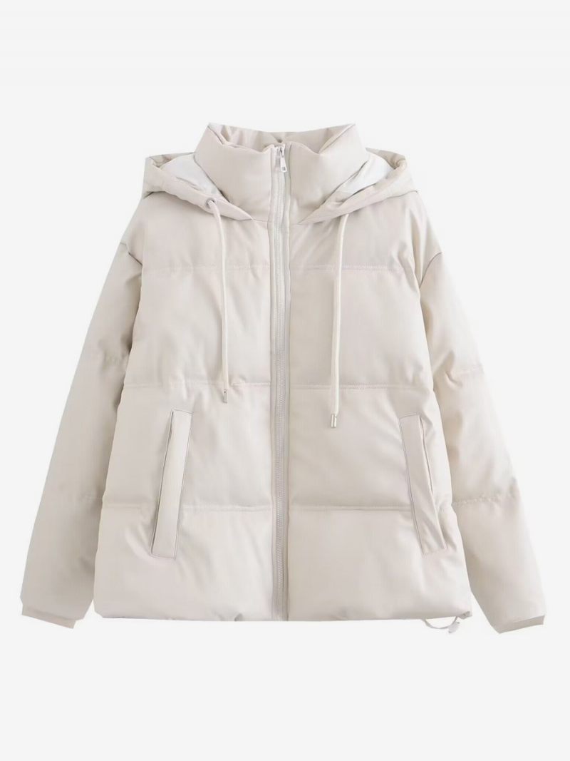 Manteau Bouffant Col Montant Capuche Zippé Poches Inclinées Vêtements D'extérieur Pour Femmes - Beige