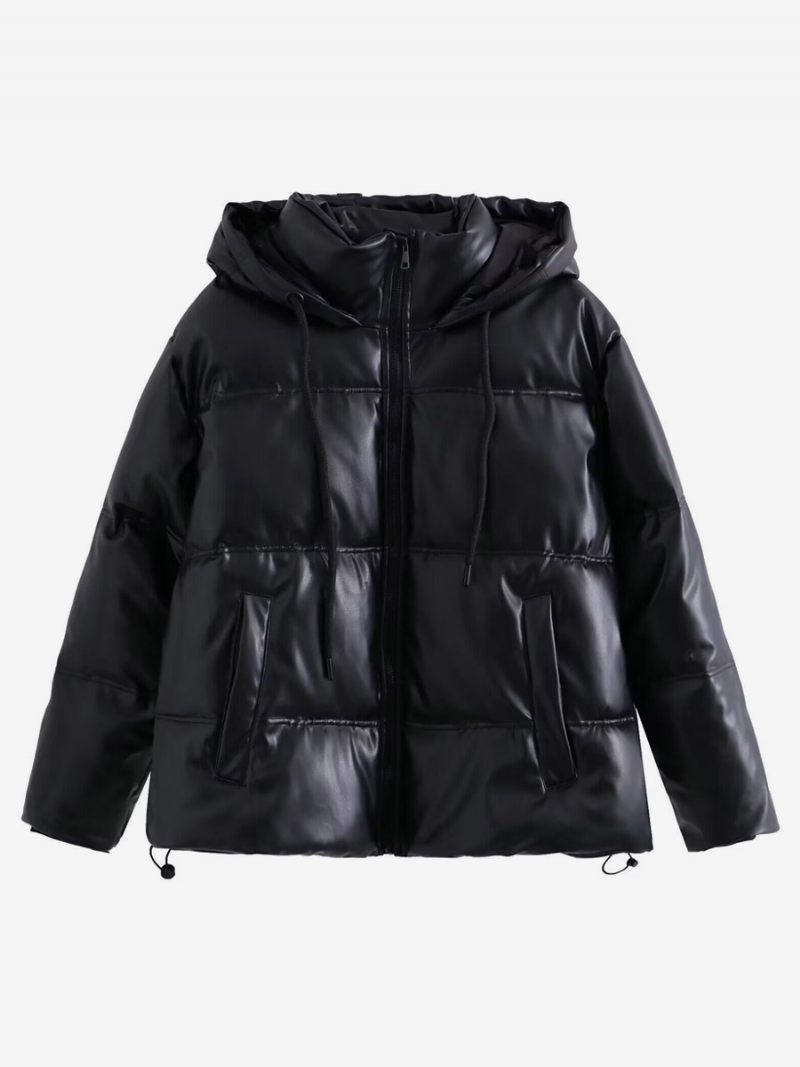 Manteau Bouffant Col Montant Capuche Zippé Poches Inclinées Vêtements D'extérieur Pour Femmes - Noir