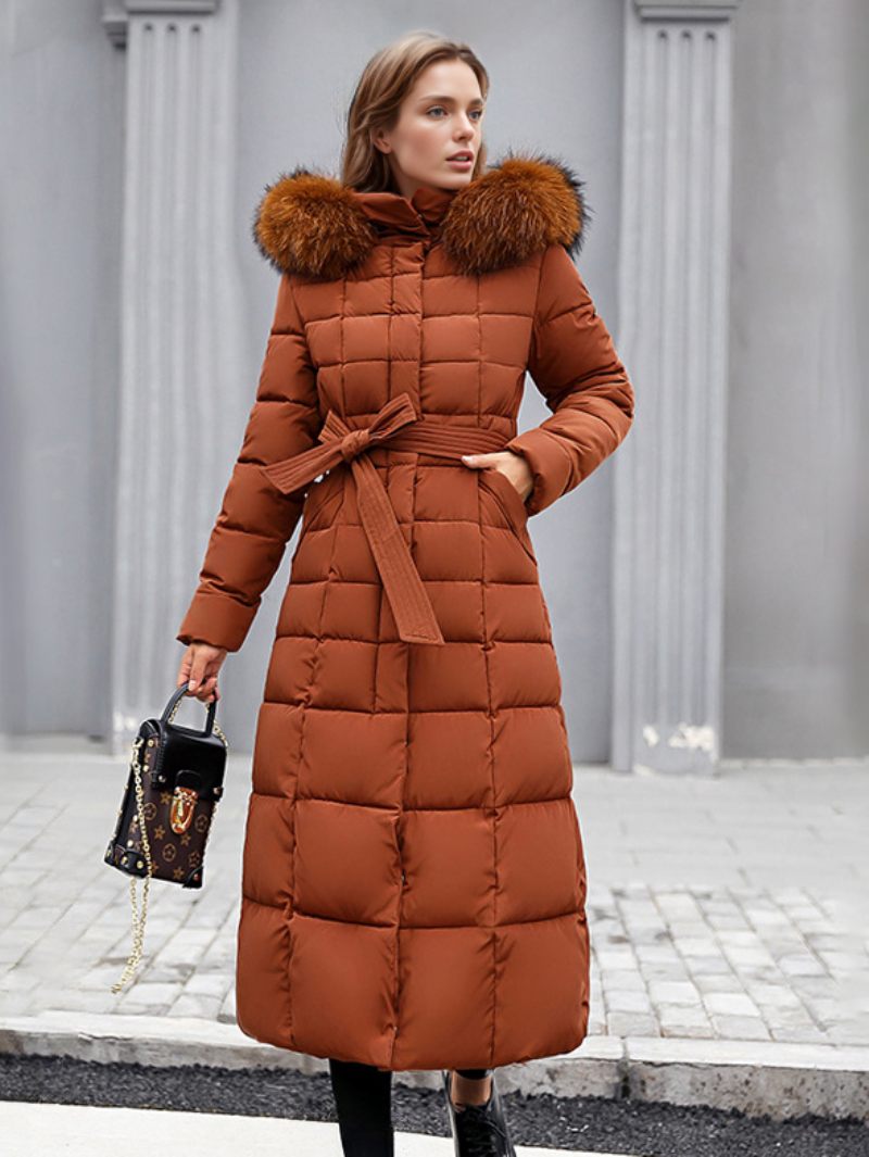 Manteau Bouffant Pour Femme Col Fausse Fourrure Amovible Capuche Vêtements D'extérieur D'hiver - Marron Café