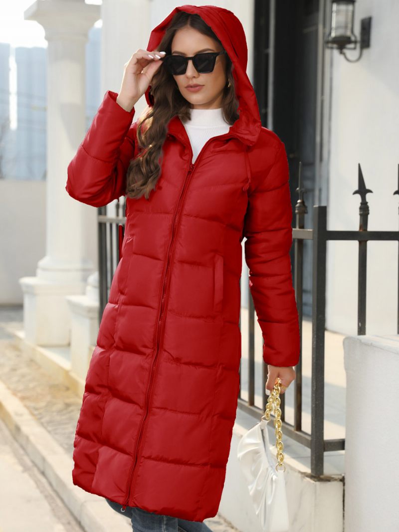 Manteau Coton Pour Femmes Fermeture Éclair Solide Long Slim Parka À Capuche - Rouge