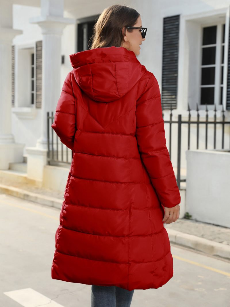 Manteau Coton Pour Femmes Fermeture Éclair Solide Long Slim Parka À Capuche - Rouge