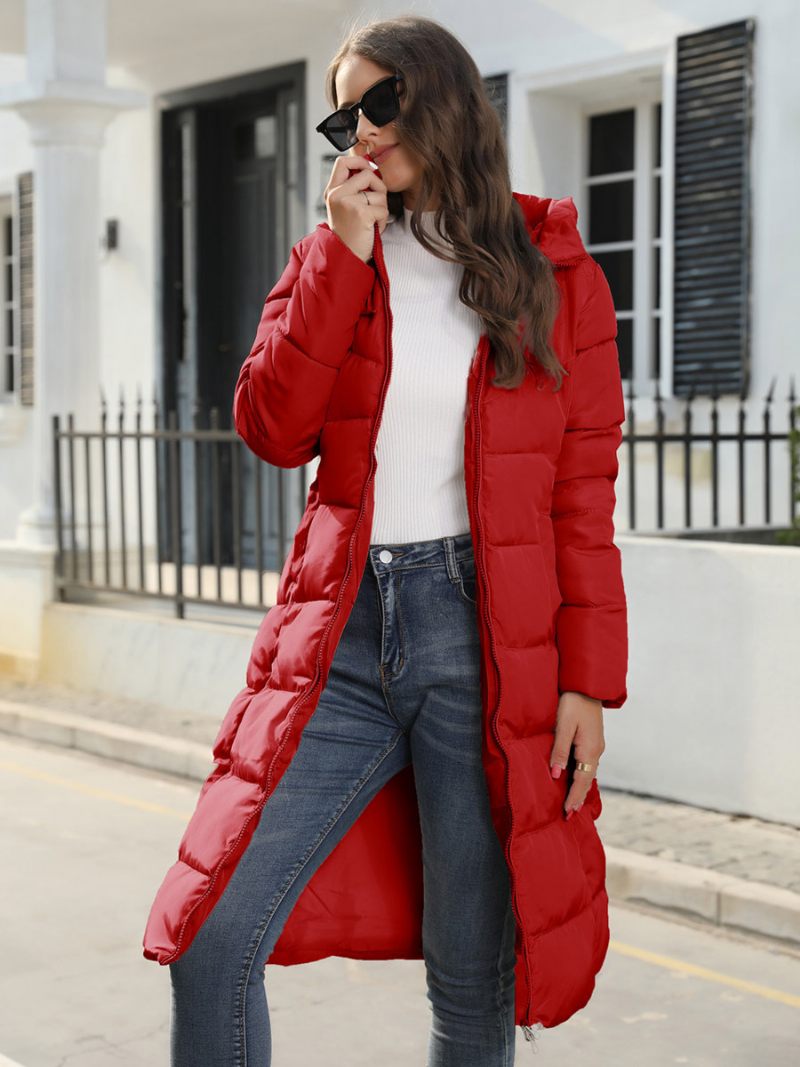 Manteau Coton Pour Femmes Fermeture Éclair Solide Long Slim Parka À Capuche - Rouge