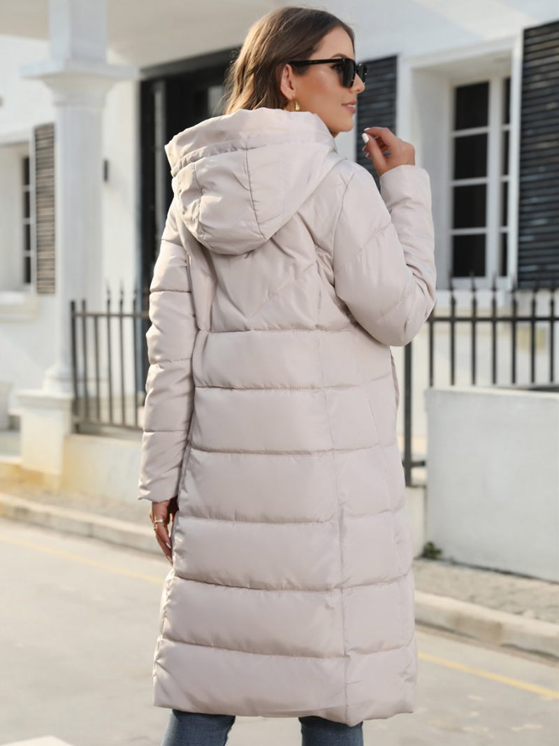 Manteau Coton Pour Femmes Fermeture Éclair Solide Long Slim Parka À Capuche - Kaki