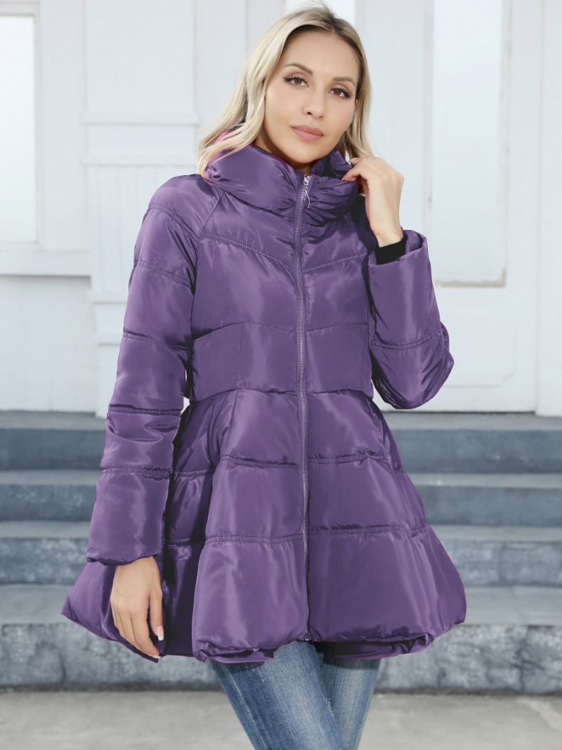 Manteau D'hiver Pour Femmes Col Montant Poches Zippées Vêtements D'extérieur - Violet