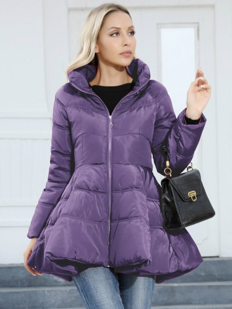 Manteau D'hiver Pour Femmes Col Montant Poches Zippées Vêtements D'extérieur - Violet