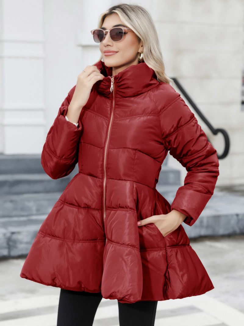 Manteau D'hiver Pour Femmes Col Montant Poches Zippées Vêtements D'extérieur - Bourgogne