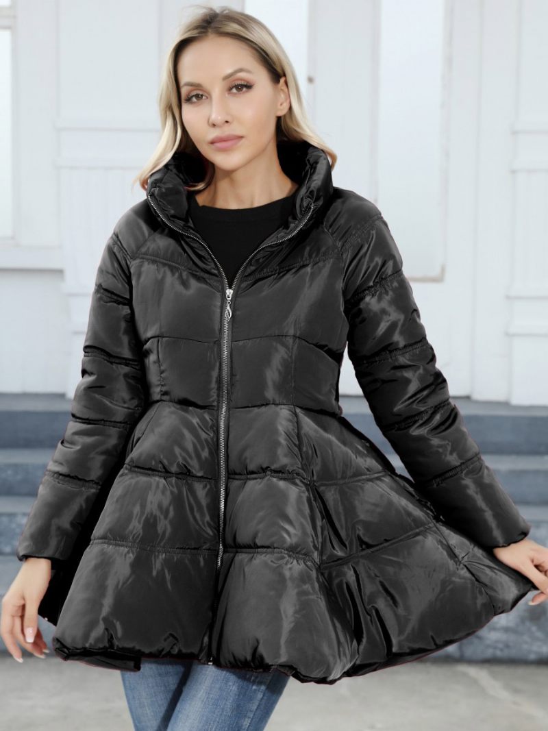 Manteau D'hiver Pour Femmes Col Montant Poches Zippées Vêtements D'extérieur - Noir