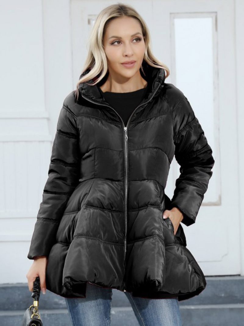 Manteau D'hiver Pour Femmes Col Montant Poches Zippées Vêtements D'extérieur - Noir