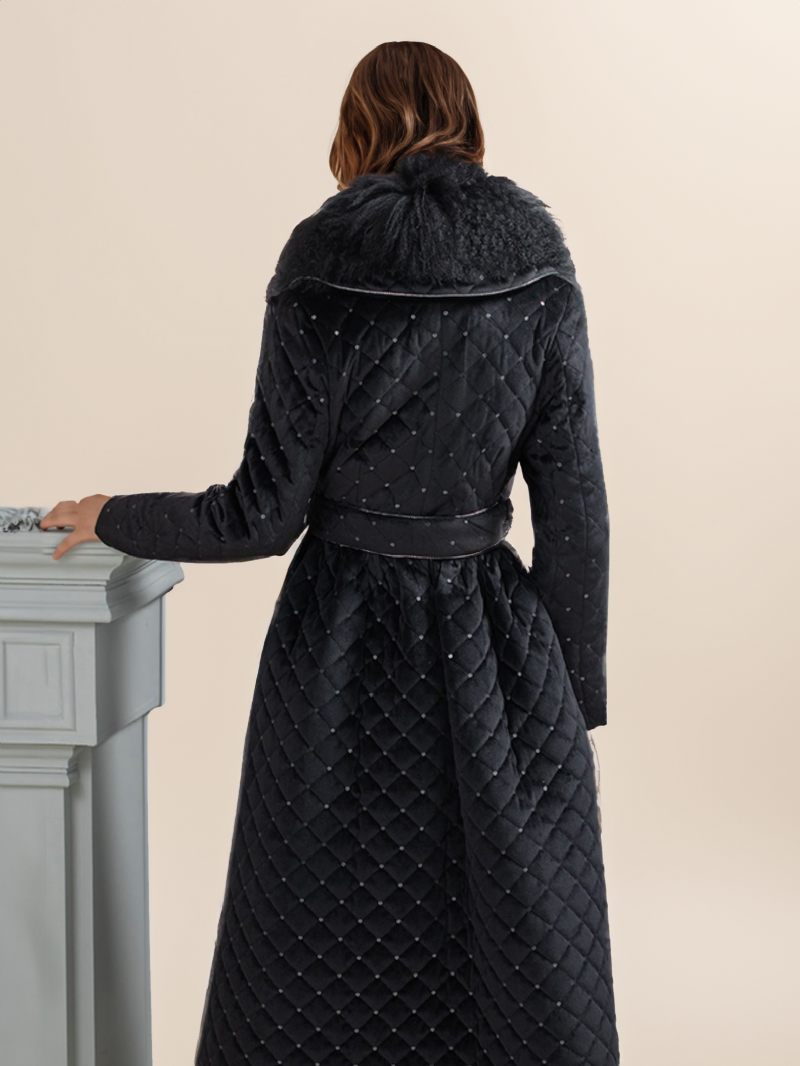 Manteau D'hiver Noir Pour Femmes Boutons Ceinturés À Revers Vêtements D'extérieur Élégants La Palangre - Noir