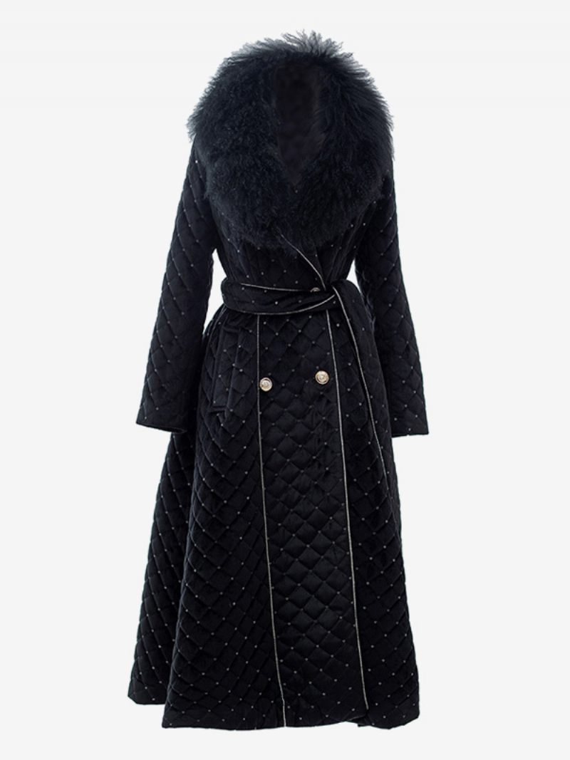 Manteau D'hiver Noir Pour Femmes Boutons Ceinturés À Revers Vêtements D'extérieur Élégants La Palangre - Noir