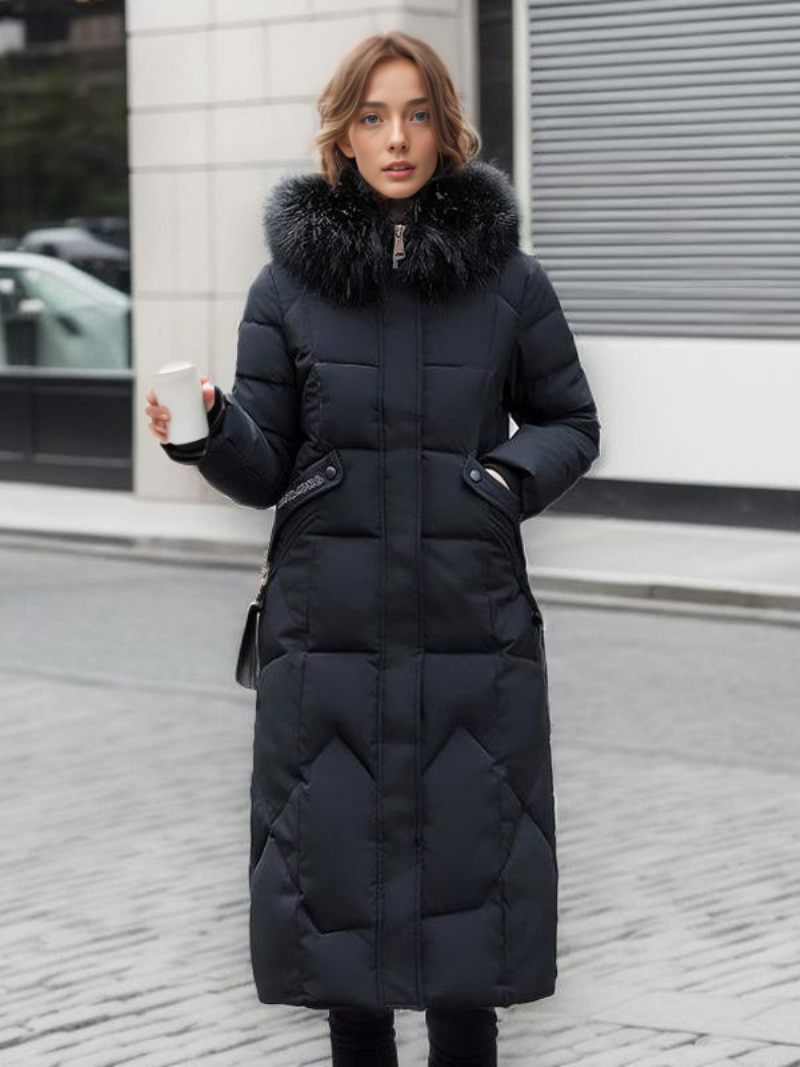 Manteau Long À Capuche Avec Fermeture Éclair Pour Femme Vêtements D'extérieur Décontractés Qualité Supérieure - Noir