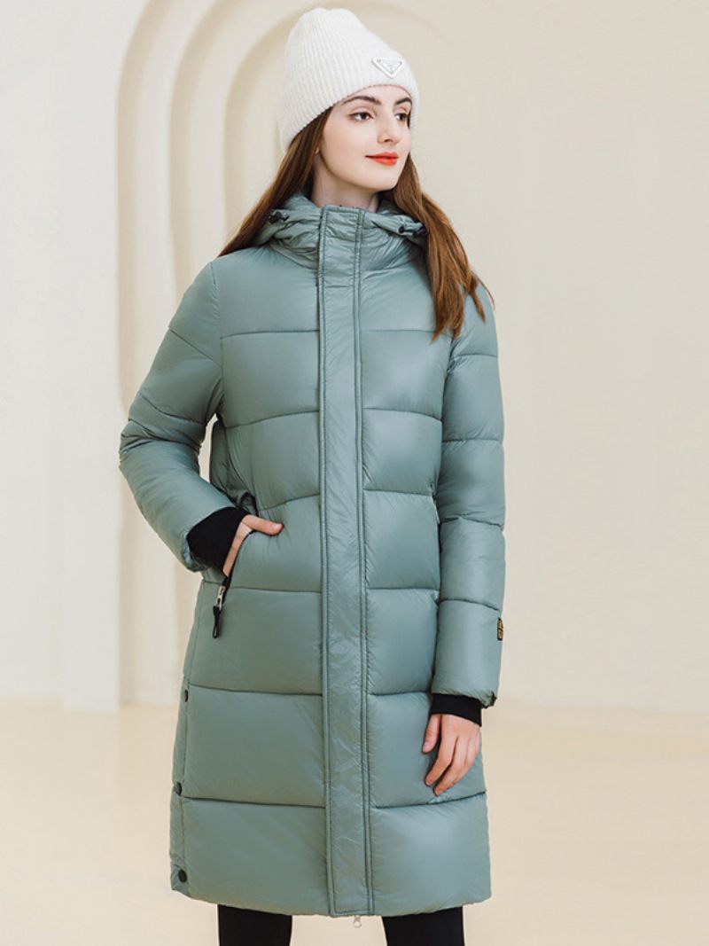 Manteau Long Pour Femme Capuche Qualité Fermeture Éclair Manches Longues Vêtements D'extérieur D'hiver - Vert