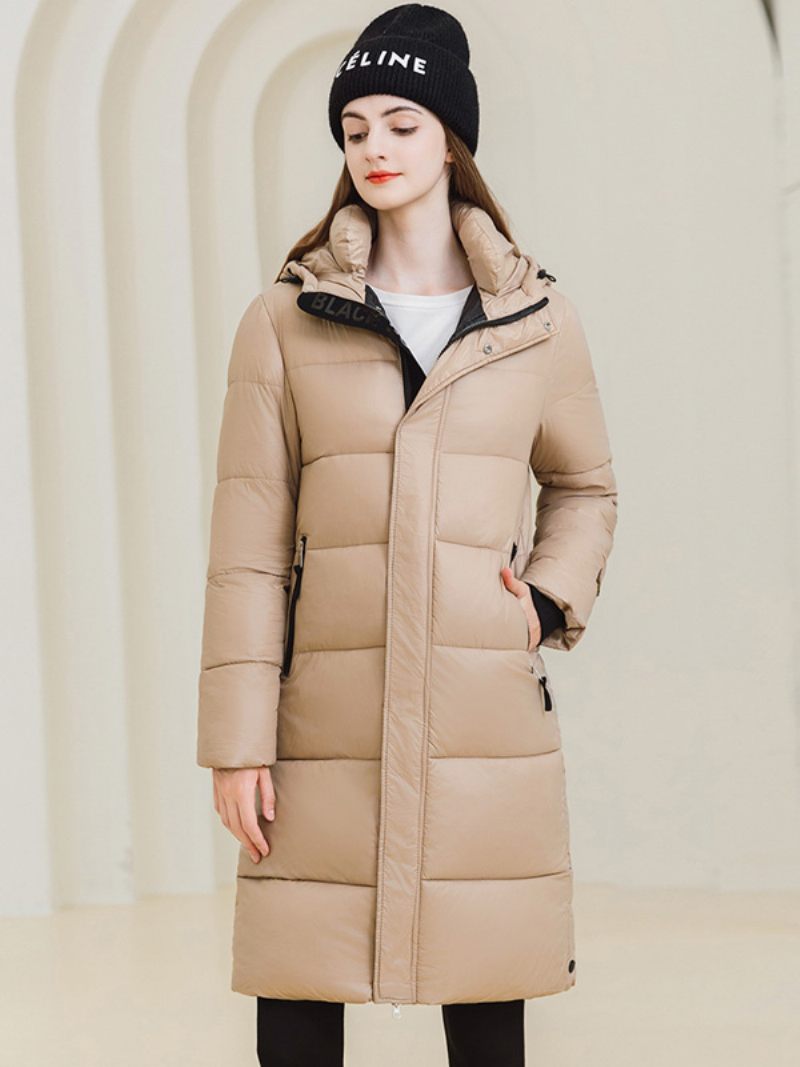 Manteau Long Pour Femme Capuche Qualité Fermeture Éclair Manches Longues Vêtements D'extérieur D'hiver - Kaki