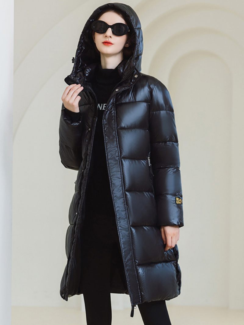 Manteau Long Pour Femme Capuche Qualité Fermeture Éclair Manches Longues Vêtements D'extérieur D'hiver - Noir