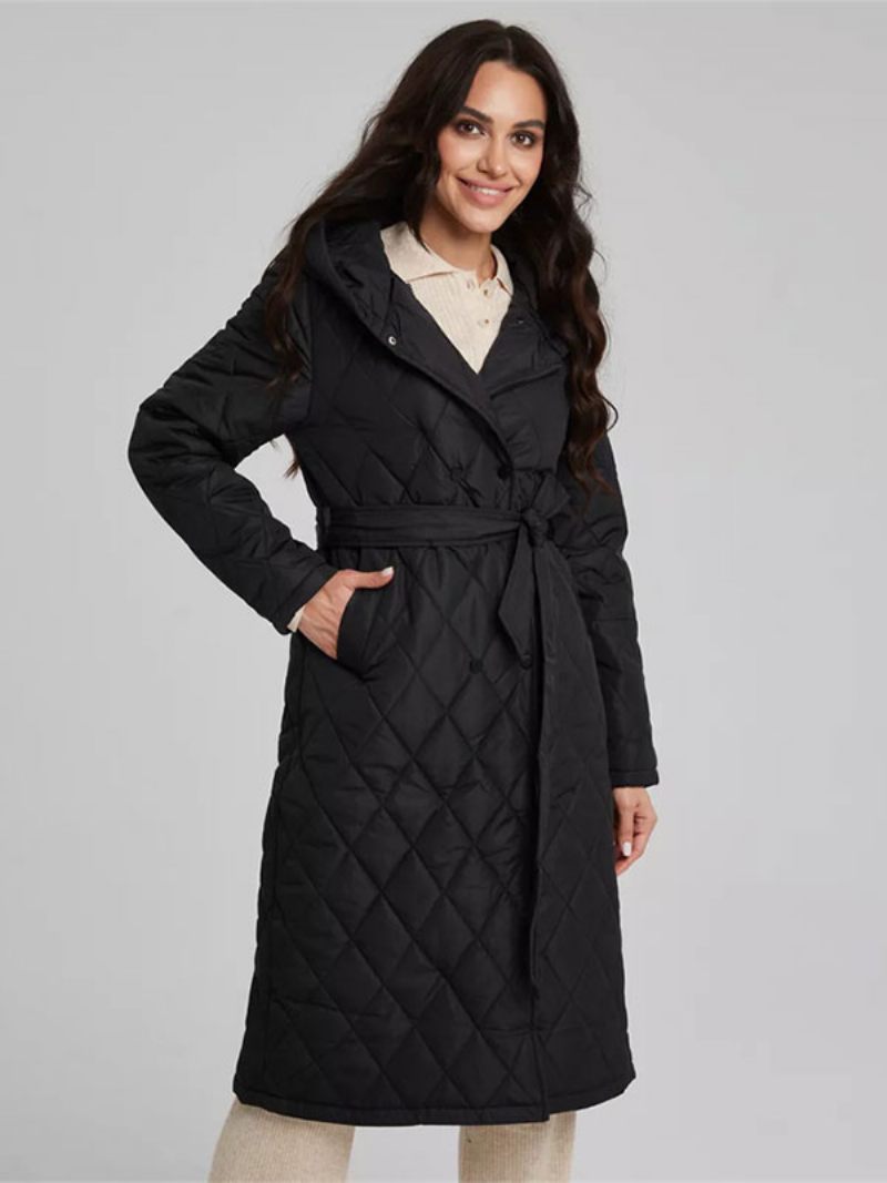 Manteau Matelassé Mi-long Pour Femme Vêtement D'extérieur Classique À Capuche Et Ceinture