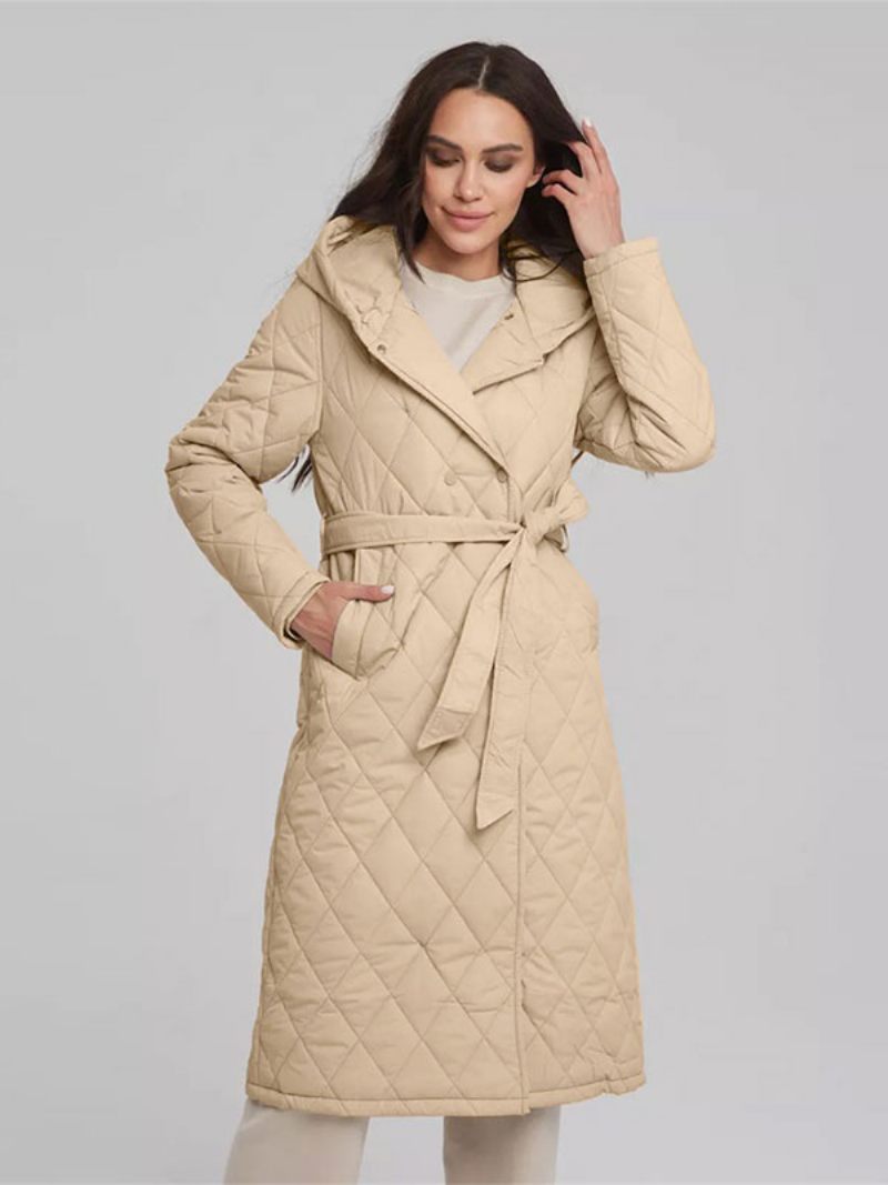 Manteau Matelassé Mi-long Pour Femme Vêtement D'extérieur Classique À Capuche Et Ceinture - Jaune Clair