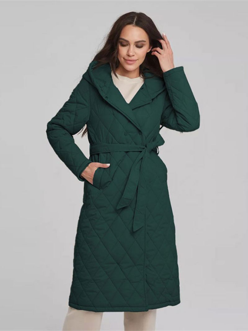 Manteau Matelassé Mi-long Pour Femme Vêtement D'extérieur Classique À Capuche Et Ceinture - Vert